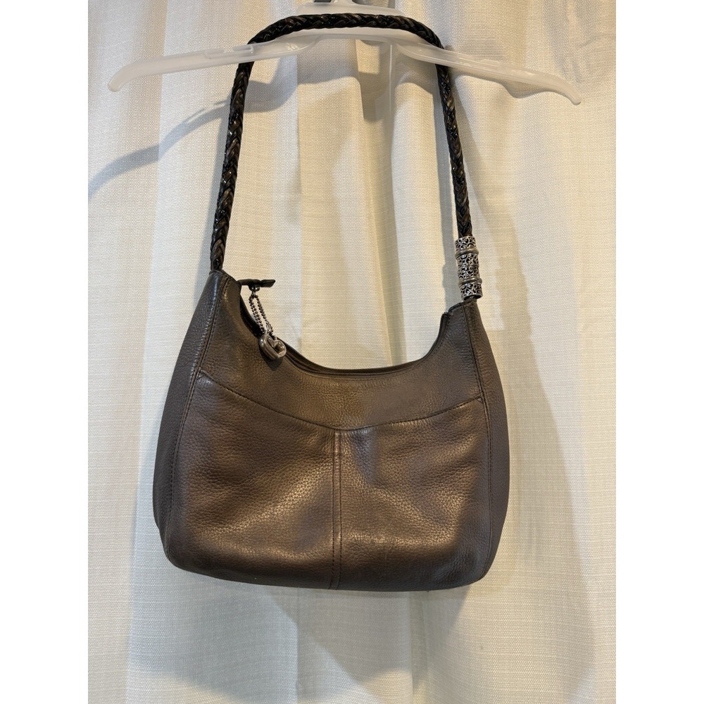 BRIGHTON Barbados Zinc Pearl Pebbled Ziptop Leather Shoulder Hobo Bag